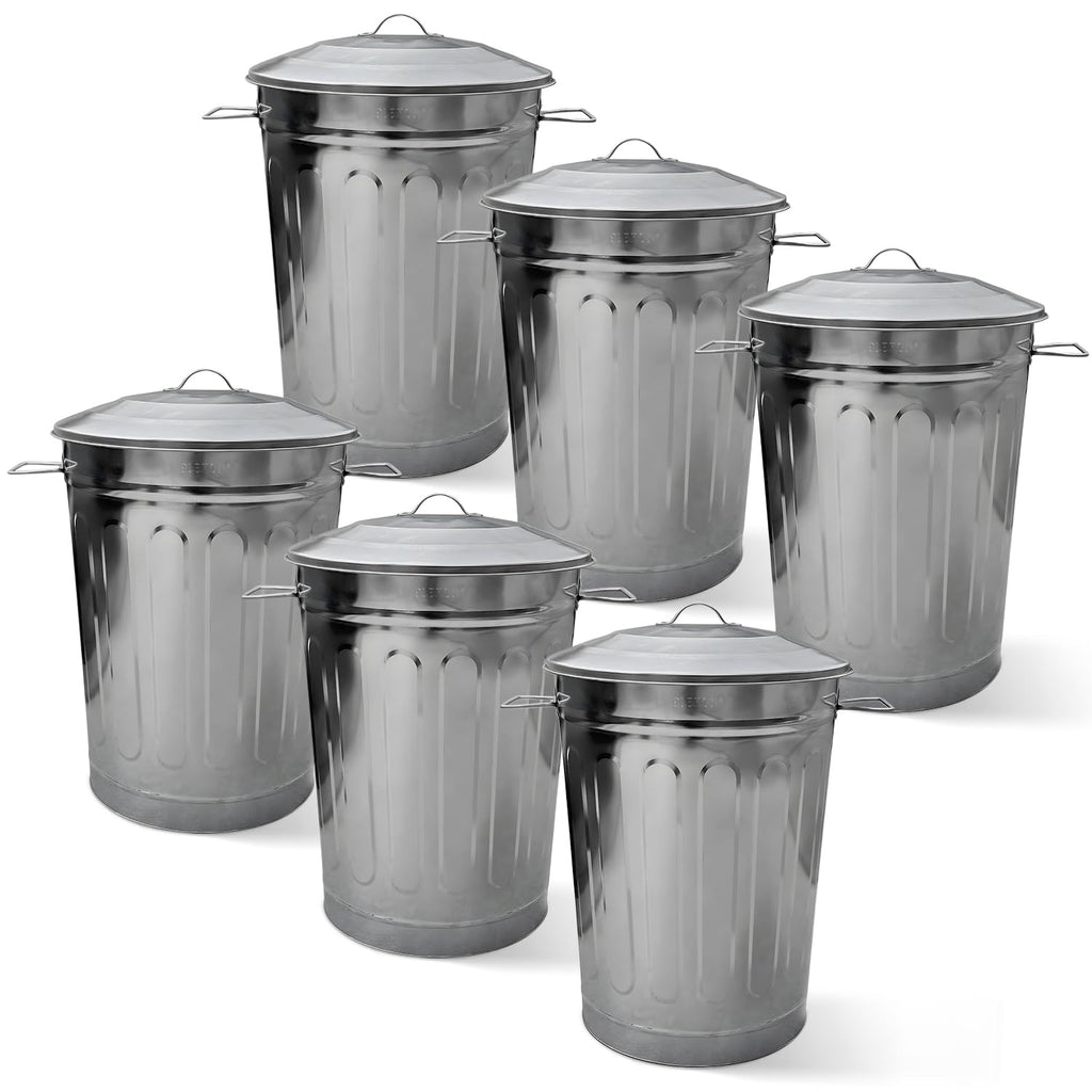 Plexon Round Trash Can 13 Gallon, Vintage Metal Outdoor Trash Can with Lid, Retro Farmhouse Garbage Container, Old School Modern Ash Bucket, Galvanized Steel 6 Pack