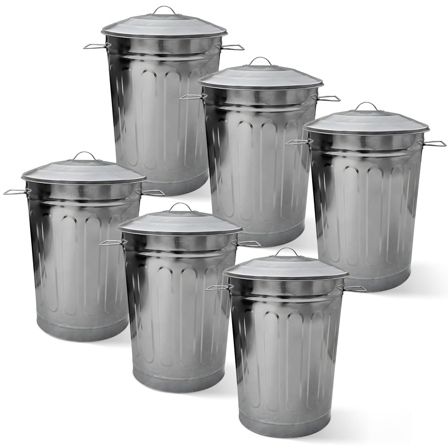 Plexon Round Trash Can 13 Gallon, Vintage Metal Outdoor Trash Can with Lid, Retro Farmhouse Garbage Container, Old School Modern Ash Bucket, Galvanized Steel 6 Pack