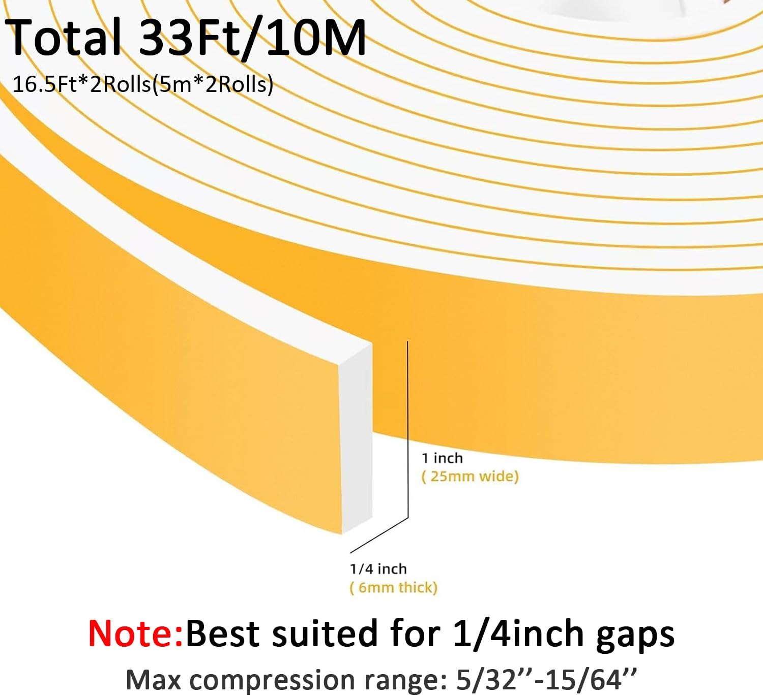 High Density Foam Weather Stripping Door Seal Strip Insulation Tape Roll for Insulating Door Frame, Window, Air Conditioner Soundproof Self Adhesive Sealing Weatherstrip(1 in x 1/4 in x 33 Ft)