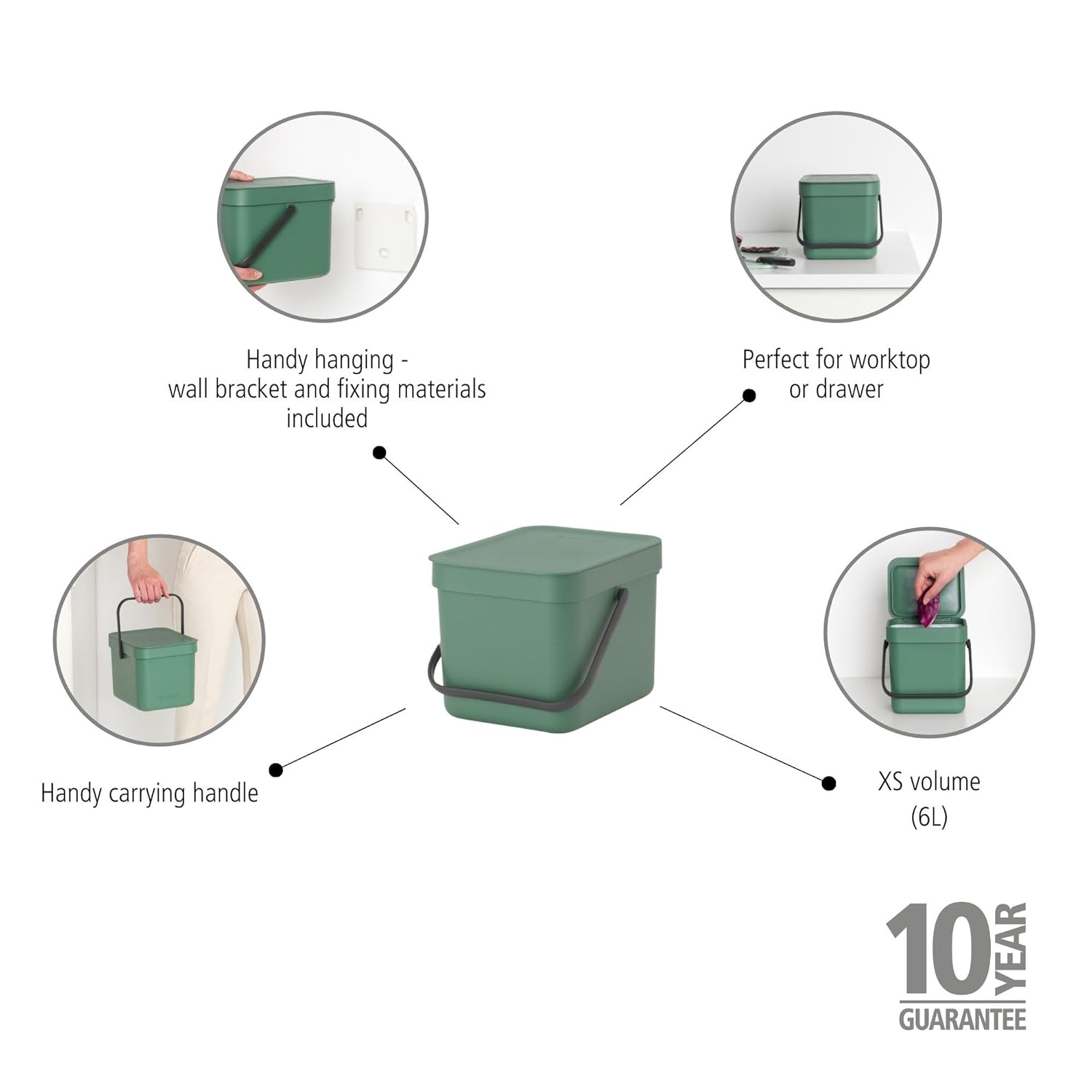 Brabantia Sort & Go Food Trash Can (1.6 Gal/Fir Green) Small Countertop Kitchen Compost Caddy with Handle & Removable Lid, Easy Clean, Fixtures Included for Wall/Cupboard Mounting