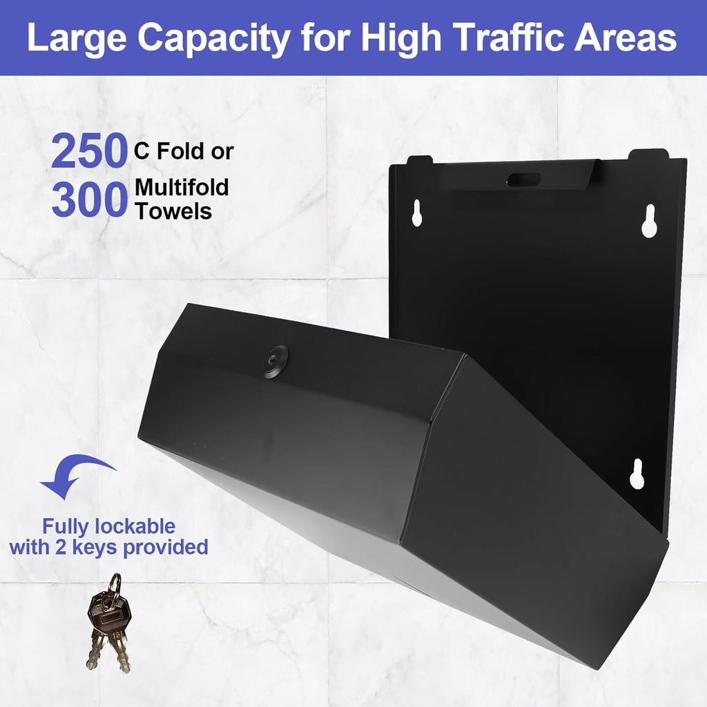 Paper Towel Dispenser Wall Mount, Matte Black Stainless Steel Commercial Paper Towel Holder with Lock, Large Capacity 250 C Fold/300 Multifold Towels