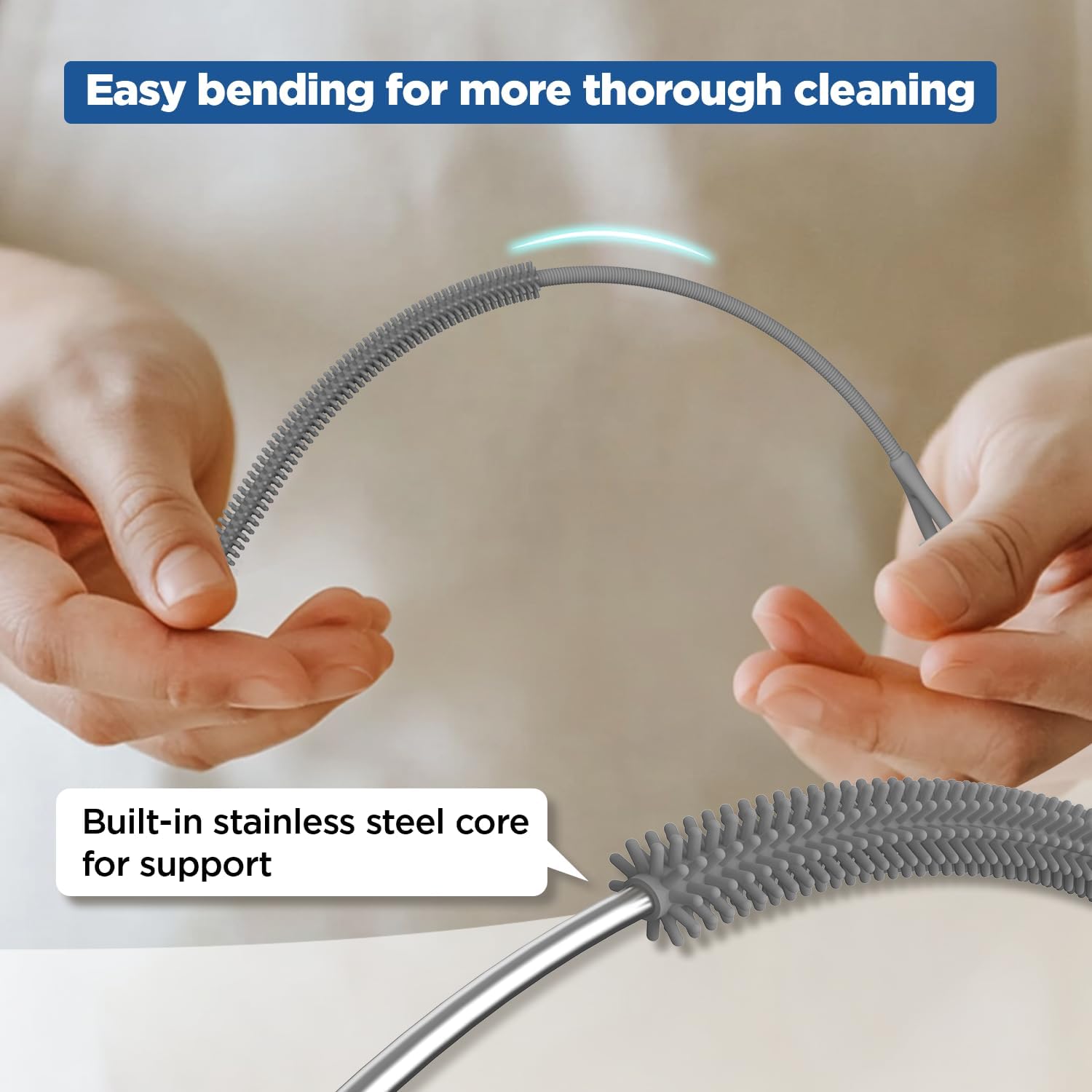 YOTIME Silicone Straw Cleaner Brush, 2Pcs Reusable Straw Brush Extra Long for Cleaning Tumbler with Handle and Glass Metal Smoothie Straws, Non-slip Handle Soft and Bendable, 6mm+9mm, Gray