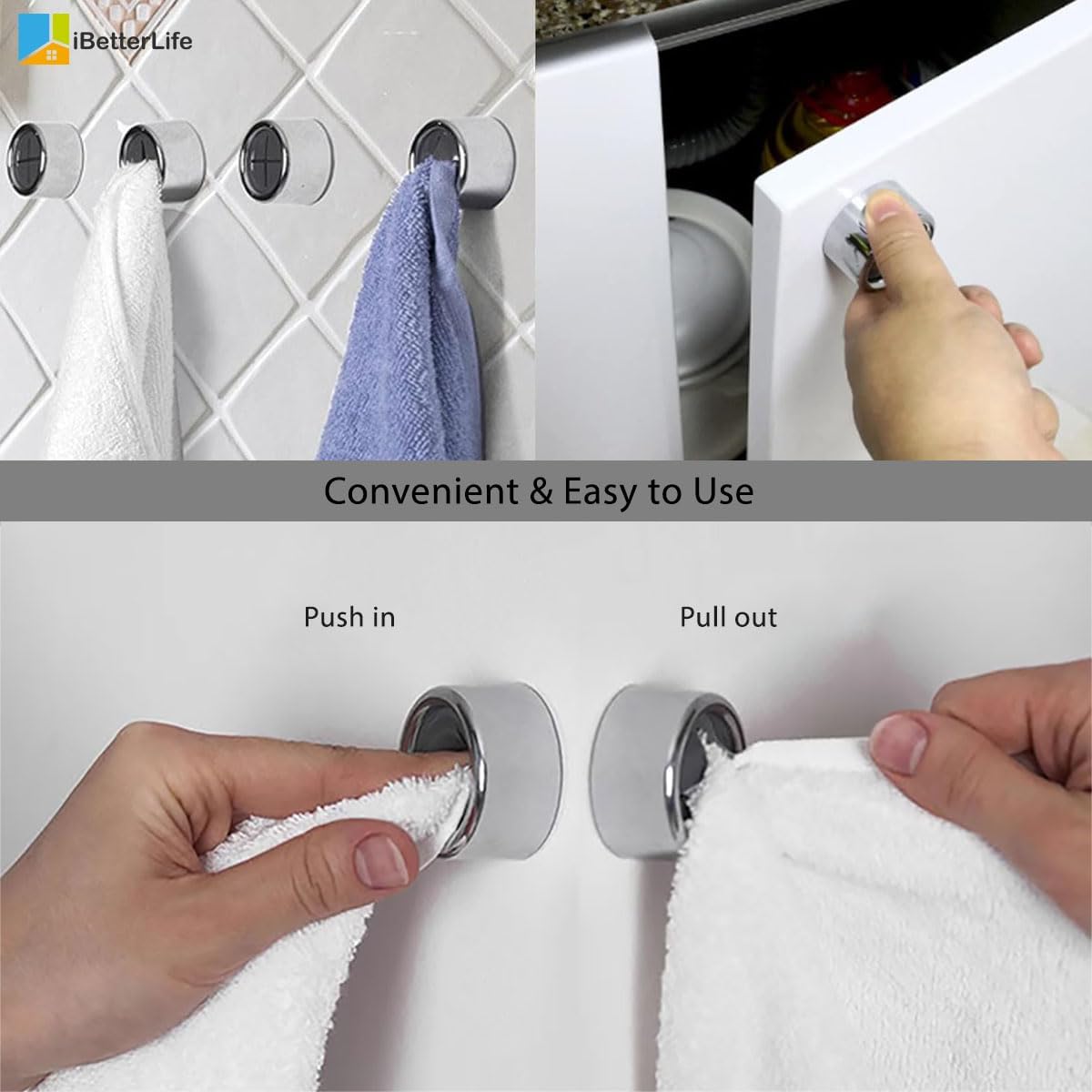 Adhesive Kitchen Dish Towel Hooks - 4 Pack iBetterLife Hand Towel Holder for Cabinet, Push Towel Hook, Dish Cloth Rag Holder for Home Bathrooms, Kitchens, Garages, RV, Within Easy Reach, Matte Black