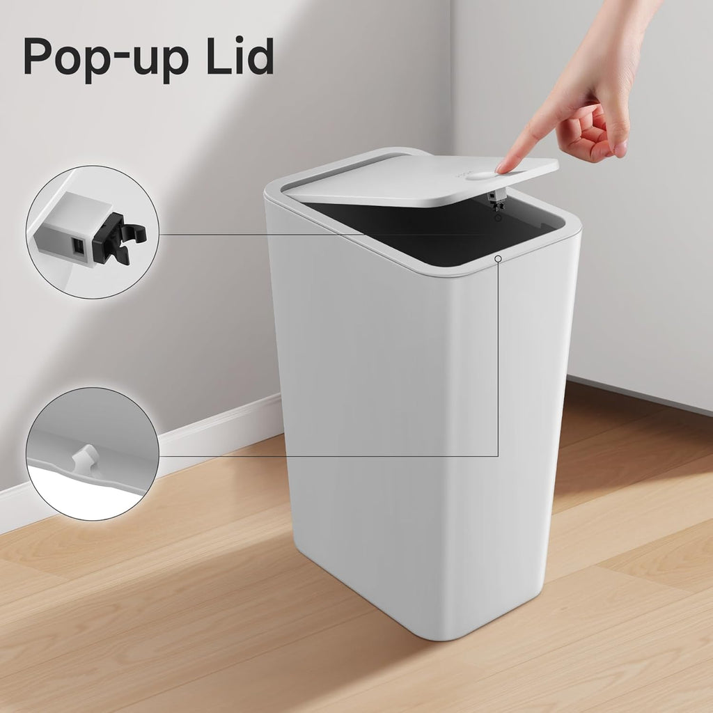 TIPGO Bathroom Trash Can with Lid, 4 Gallon / 15 Liter Small Garbage Can, Press Top Bin, Plastic Wastebasket with Pop-Up Lid for Bedroom, Living Room, Office (Grey, 2 Pack)