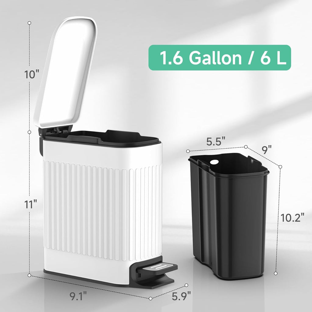 TIPGO Slim Bathroom Trash Can with Lid Soft Close, Step Pedal, 6 Liter / 1.6 Gallon Stainless Steel Trash Bin, Small Garbage Cans for Bedroom, Office, Kitchen (White)