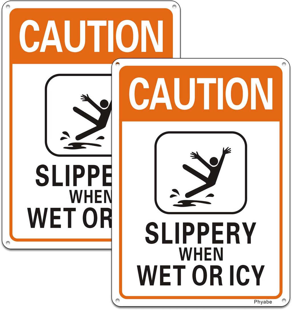 2 Pack Caution Slippery When Wet or Icy Sign, 7” x 10” Metal Rust Free Aluminum Sign, Weather Resistant, Waterproof, Durable Ink, Easy to Install