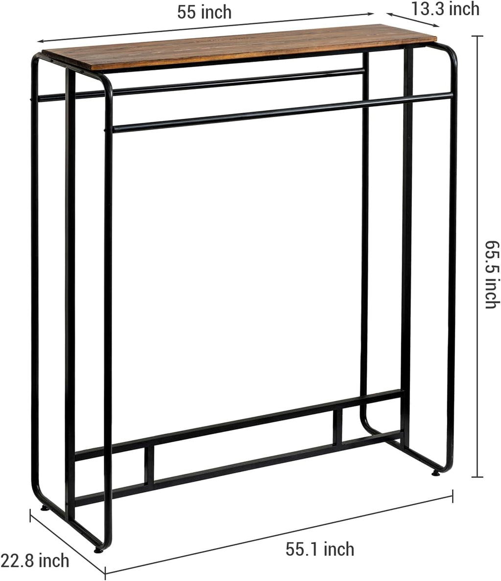 MyGift Dual Clothing Rack, Commercial Urban Black Metal Freestanding Large Garment Rack with Burnt Solid Wood Top Storage Shelf, Heavy Duty Double Rod Clothes Rack