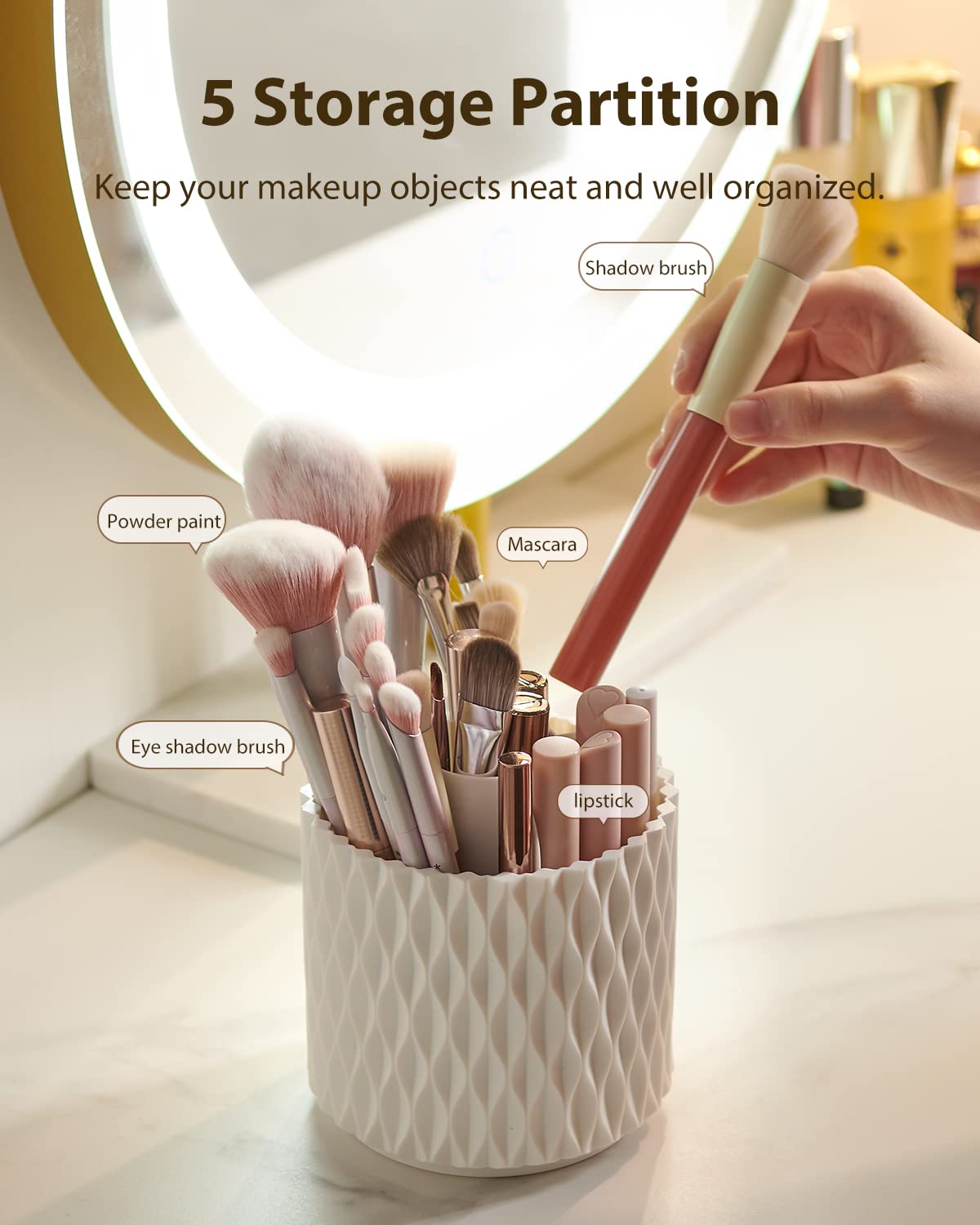 [Upgrade] Rotating Makeup Brush Holder, [Dustproof & Waterproof] 360 Rotating Cosmetics Make up Brush Organizer Storage with Lid for Vanity