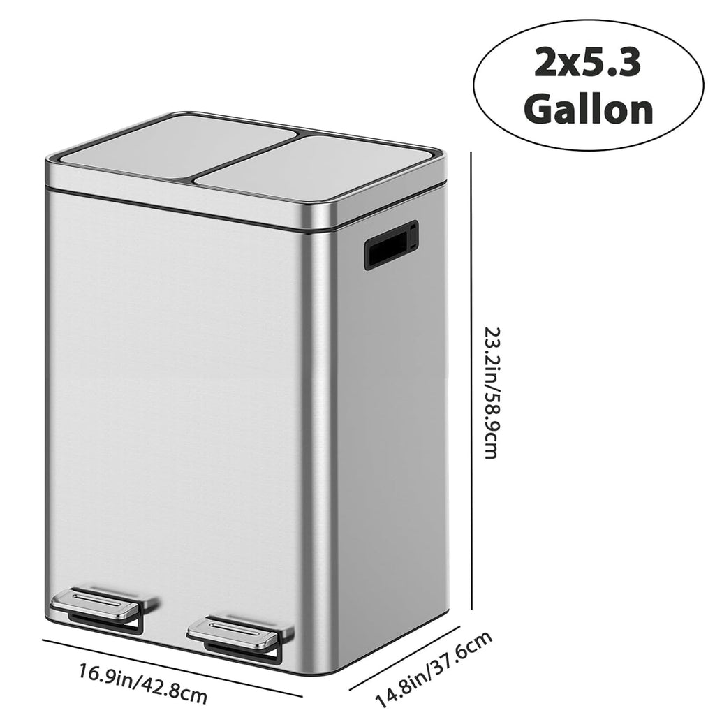 2 x 5.3 Gal (2 x 20L) Trash Can, Stainless Steel Triple Compartment Step-On Recycling Bin with Soft-Close Lids & Removable Plastic Inner Buckets for Kitchen, Home, Office