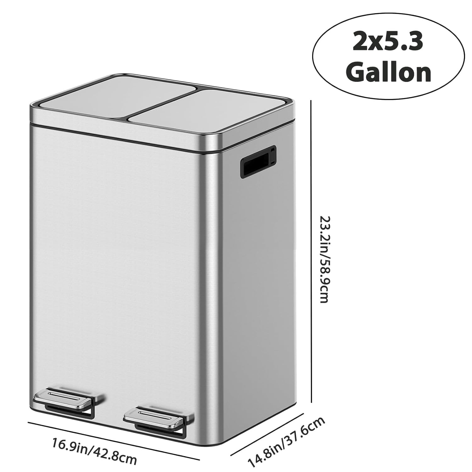2 x 5.3 Gal (2 x 20L) Trash Can, Stainless Steel Triple Compartment Step-On Recycling Bin with Soft-Close Lids & Removable Plastic Inner Buckets for Kitchen, Home, Office