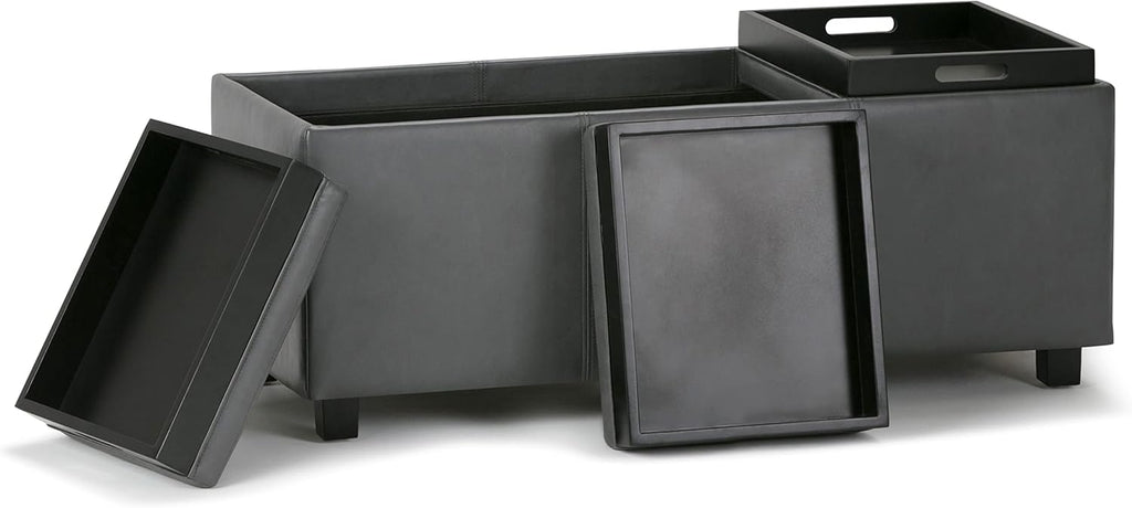 SIMPLIHOME Avalon 42 inch Wide Contemporary Rectangle Storage Ottoman in Stone Grey Vegan Faux Leather, Assembled, For the Living Room, Entryway and Family Room
