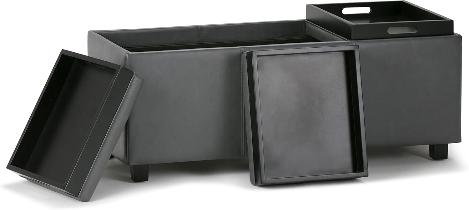 SIMPLIHOME Avalon 42 inch Wide Contemporary Rectangle Storage Ottoman in Stone Grey Vegan Faux Leather, Assembled, For the Living Room, Entryway and Family Room