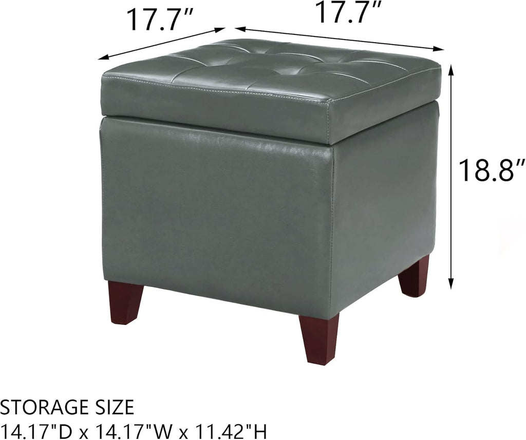 Adeco Bonded Leather Square Tufted Cubic Cube Footstool, 18" Height Storage Ottomans, with Lid, Cement Grey