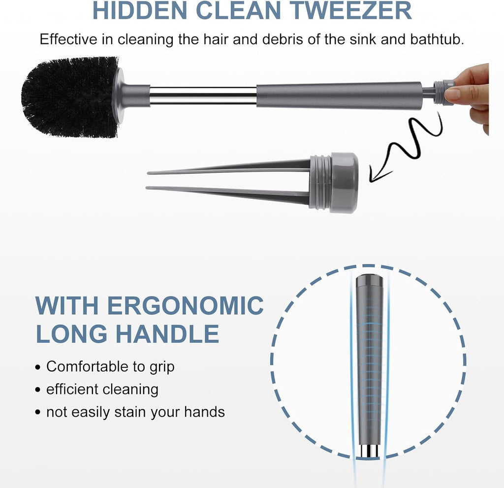 SetSail Toilet Brush and Holder 3 Pack, Self Closing Lid Toilet Bowl Brushes Holder Extra Long Handle Ventilated Toilet Brush Set for Bathroom Cleaning, Nylon Bristles, Grey
