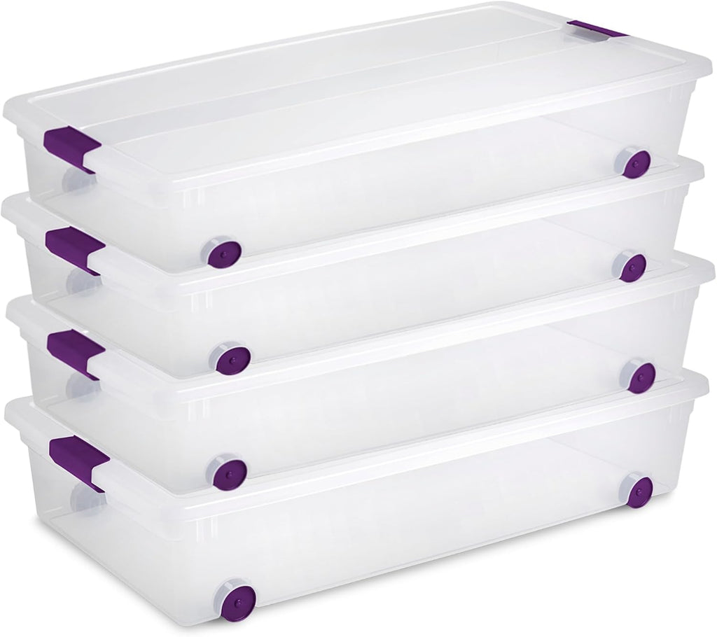 Sterilite 4-Pack 60 Quart ClearView Latch Box, Wheeled Underbed Organizer Bins with Latching Lids - Clear Plastic Organization Containers for Closet, Bedroom, Shelving Units and Everyday Home Storage