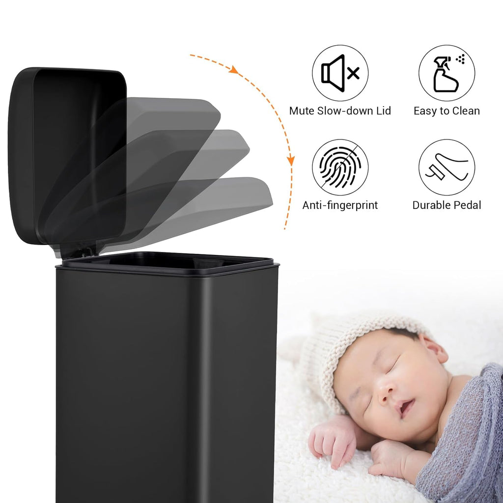 8 Gal/30L Slim Trash Can, Rectangular Step-On Stainless Steel Garbage Can, Soft-Close Lid, Anti-Fingerprint Surface, Recycling Bin with Removable Inner Basket, for Kitchen Dining Room, Black