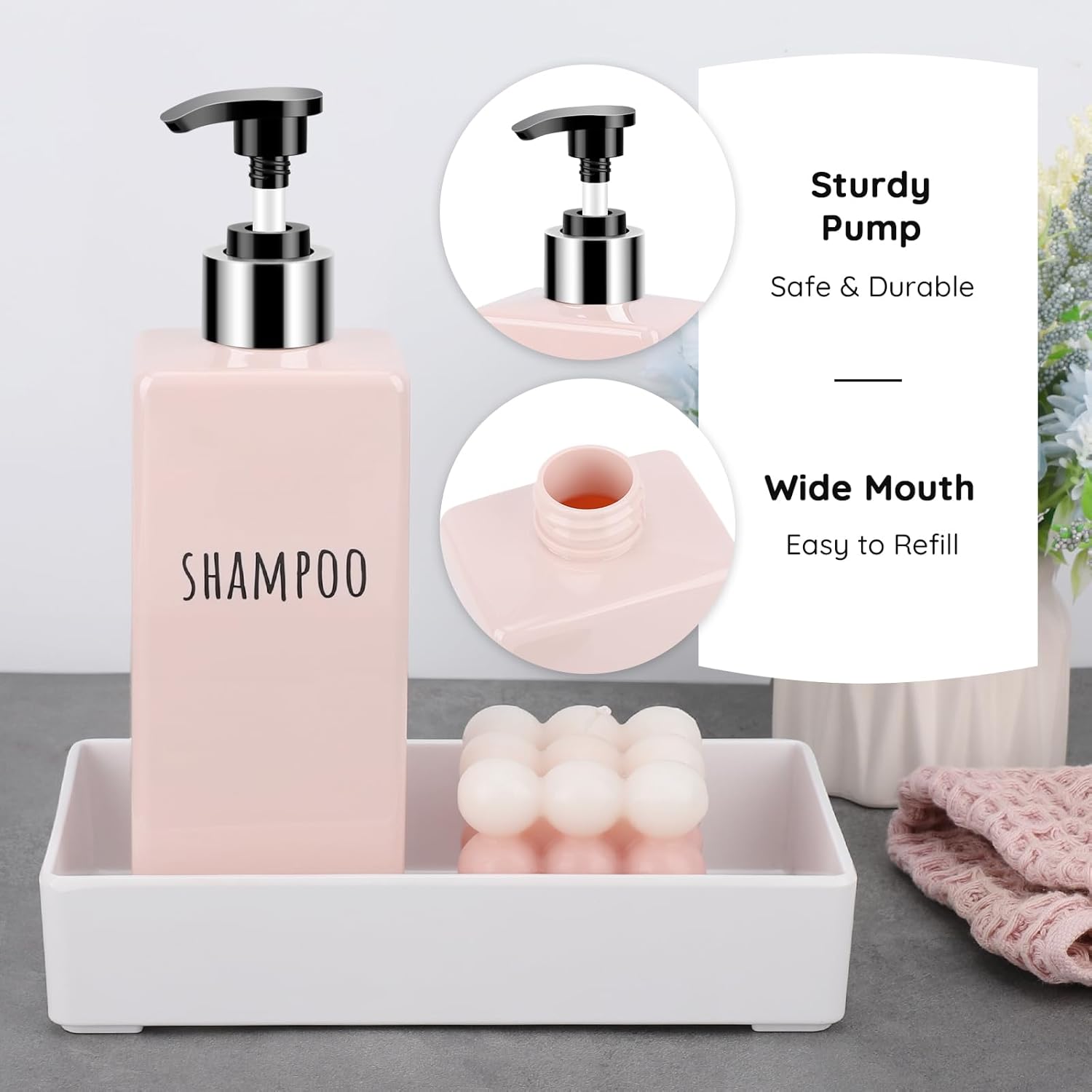 Segbeauty 16.9oz Shower Bottles Refillable, 3 Pack of Shampoo and Conditioner Bottles for Bathroom, 500ml Plastic Square Soap Dispenser Set Lotion Dispenser Empty Press Pump Bottle Pink