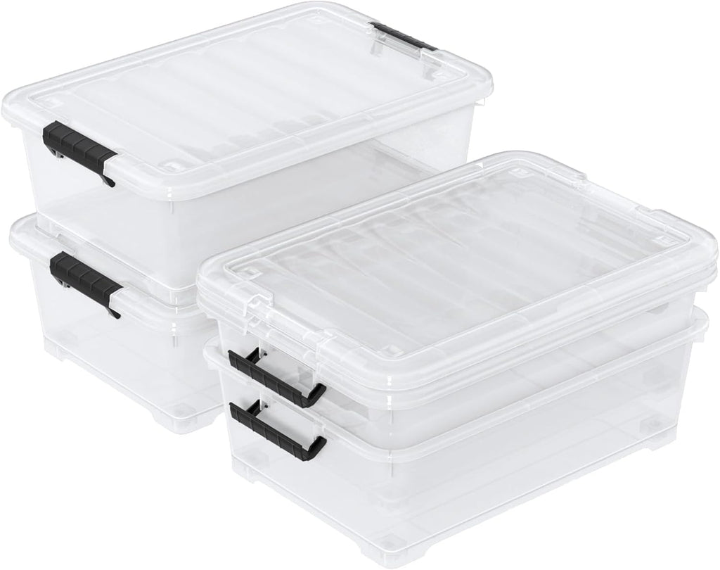 4 Packs Under Bed Storage Containers with Clear Lid, Large Stackable Plastic Latching Bins with Rolling Wheels, 40 Quart