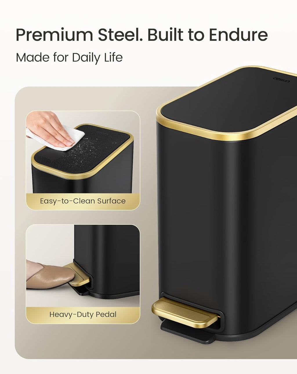 Cesun Small Bathroom Trash Can with Lid Soft Close, 5 Liter/1.3 Gallon Stainless Steel Garbage Can with Removable Inner Bucket, Step Pedal, Slim Waste Basket for Toilet, Office, Bedroom (Black&Gold)