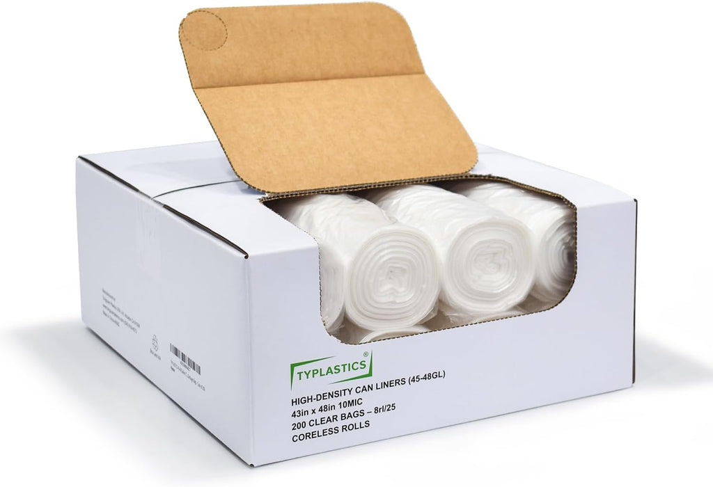 TYPLASTICS 45-48 Gallon Clear Trash Can Liners - 43" x 48" - High Density Garbage Bags - 200 Pack - Multipurpose for Office, Yard, Recycling, Industrial and Commercial