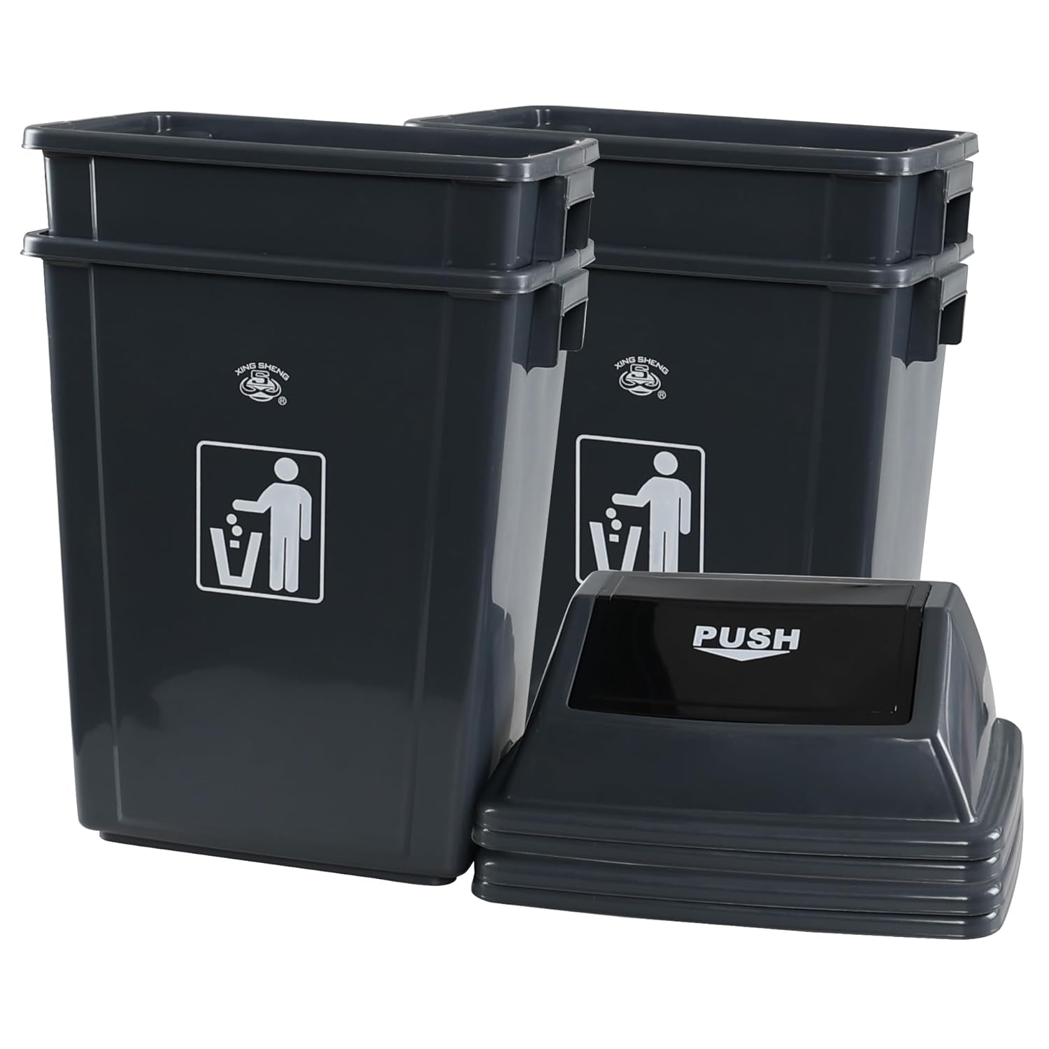 18 Gallon Plastic Trash Can with Swing Lid, 4-Pack Large Kitchen Swing-Top Garbage Can, Grey