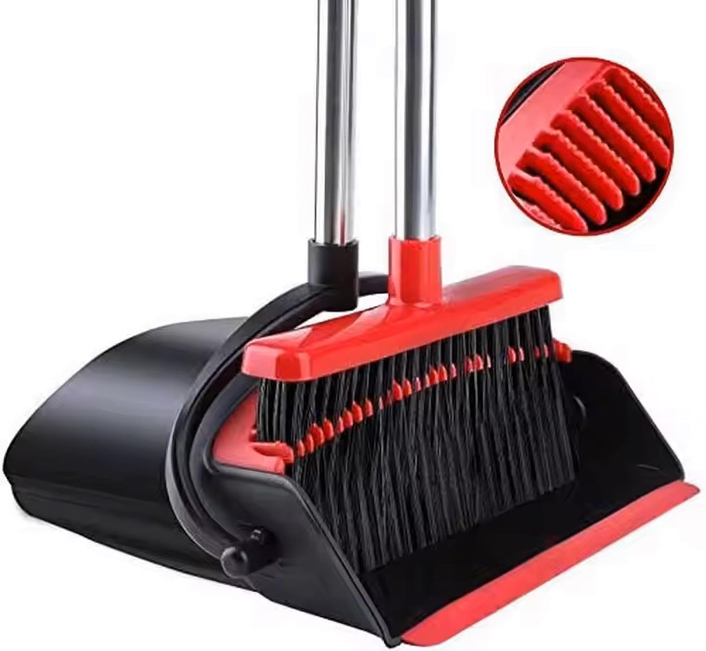 Upright Broom and Dustpan Set with Long Handle, Standing Dustpan with Broom Clip, Indoor Cleaning Set for Home
