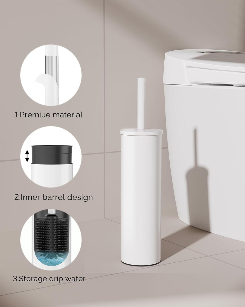 Toilet Brush and Holder Set, Stainless Steel Toilet Bowl Brush with Lid, Rust Proof Toilet Cleaner Brush with Caddy, Durable Bristles, Splash Proof, Ideal for Bathroom（1 Pack, White）