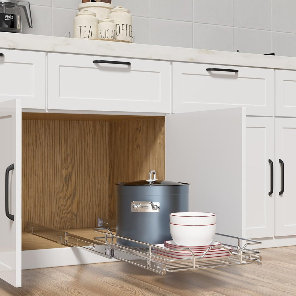 OCG Pull Out Cabinet Organizer (12" W x21 D), Pull out Shelves for Kitchen Cabinets, Slide Out Drawers for Base Cabinet Organization in Kitchen Bathroom Pantry, Bottom Mount, Chrome Finish