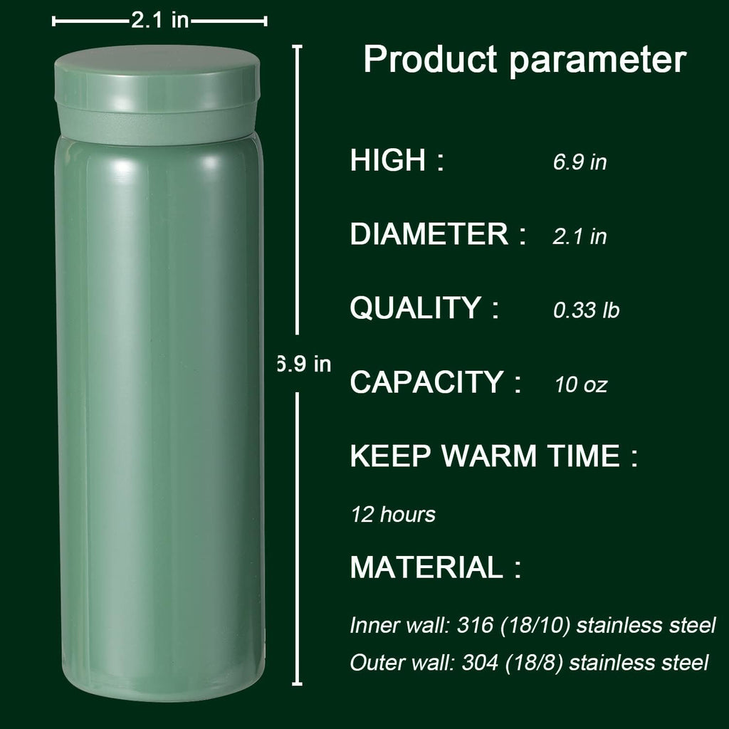 10oz Mini Water Bottle Stainless Steel Thermos Small Flask - Insulated Vacuum, Leak Proof, Keeps Drinks Hot/Cold - Ideal for Coffee, Tea, Water - Green