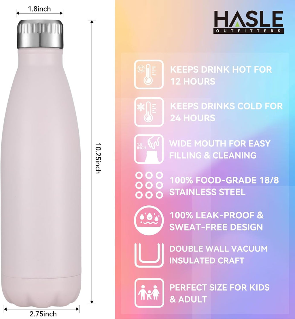HASLE OUTFITTERS 17oz Stainless Steel Water Bottles, Vacuum Insulated Water Bottles Double Walled Powder Coated Reusable Metal Sports Water Bottles Keep Drinks Hot and Cold, Pink, 1Pack