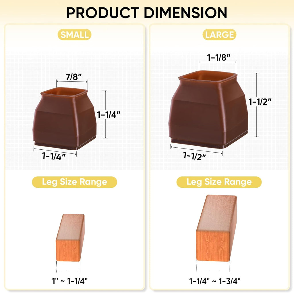BALEINE 16 Pack Silicone Chair Leg Floor Protectors, Stool Leg Protectors Cap, Non-Slip Chair Leg Caps for Hardwood Floors (Brown & Large (Square), 16 Pack)