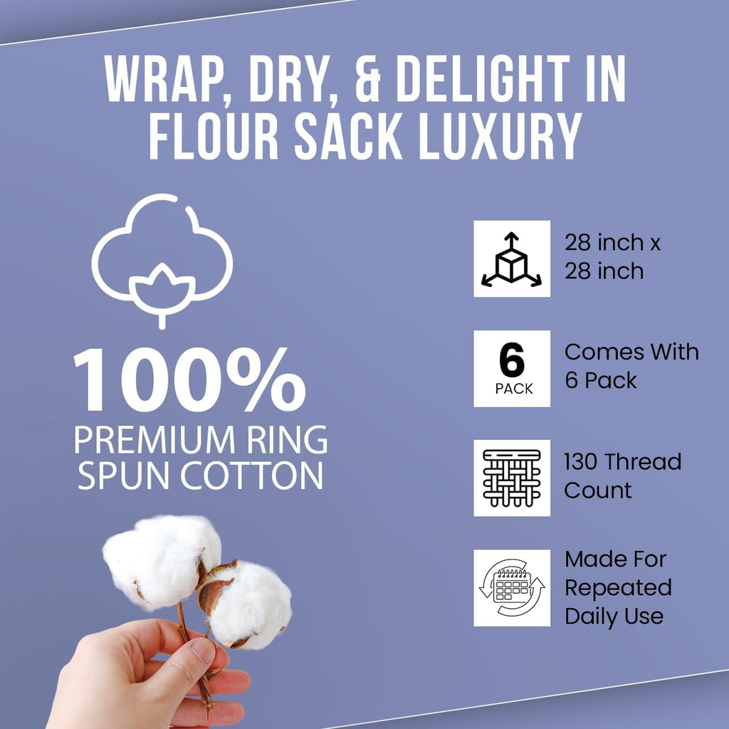 Flour Sack Towels| Tea Towel for Crafts| Kitchen Dish Cotton Blank Towel for Embroidery|Baking Bread Proofing Linen Cover| Thick Absorbent Quick Dry| 6 Pack 28"x28" White