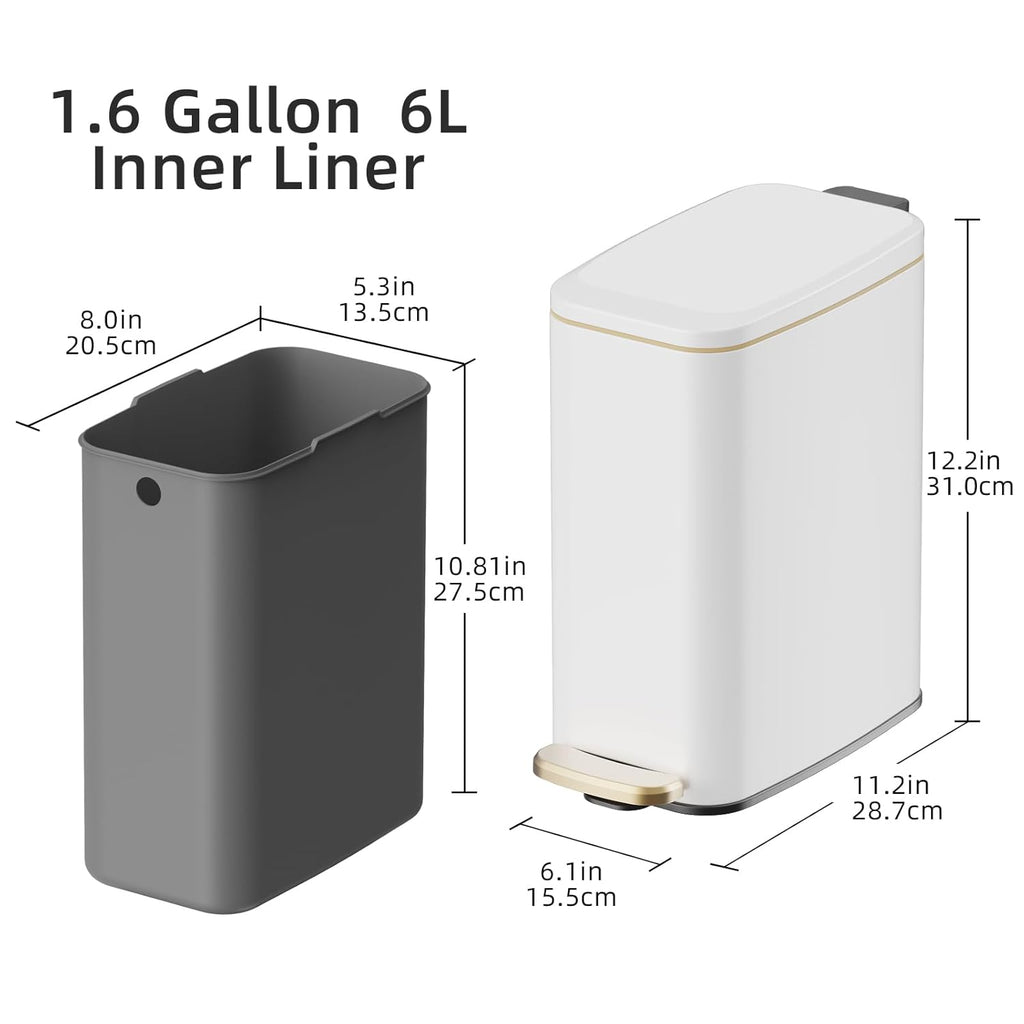 KUK Slim Bathroom Trash Can with Lid, 1.6 Gal / 6L Stainless Steel Small Garbage Bin with Detachable Inner Bucket, Step Pedal, Silent Close, Wastebasket for Toilet, Bedroom, Home, Office (White)