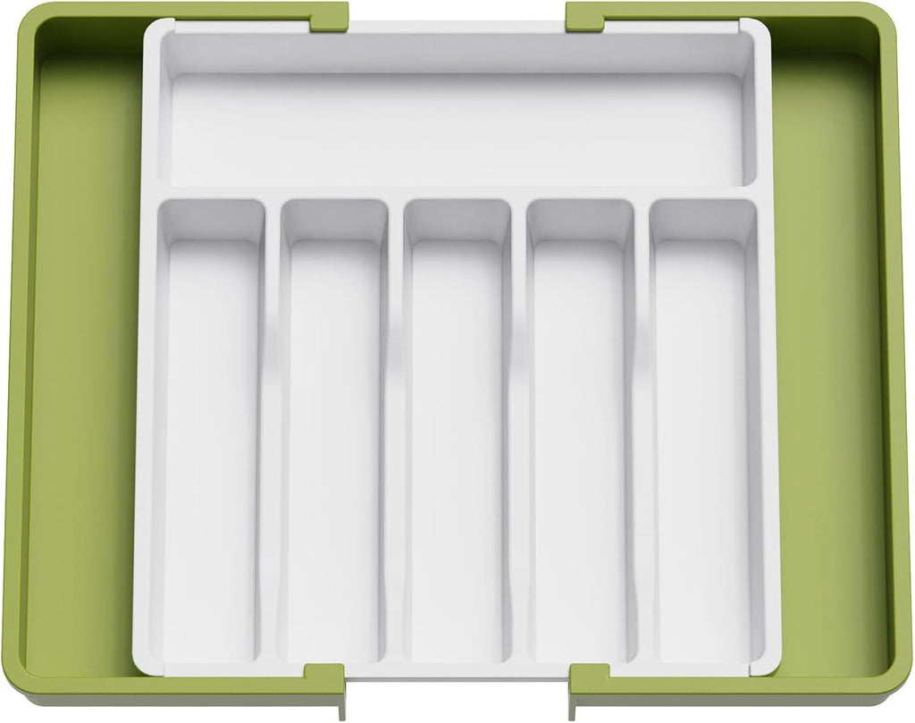 Lifewit Silverware Drawer Organizer, Expandable Utensil Tray for Kitchen, BPA Free Flatware and Cutlery Holder, Adjustable Plastic Storage for Spoons Forks Knives, Large, Green&White