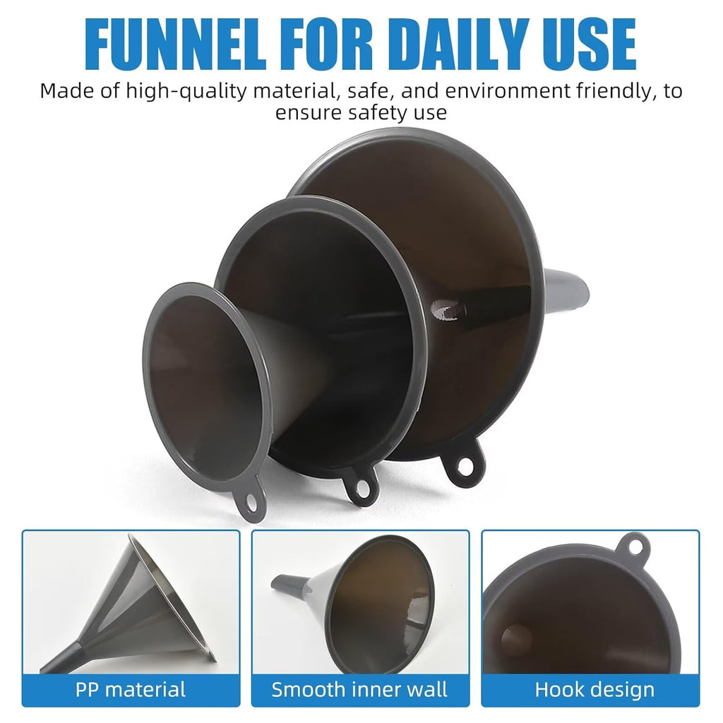 Plastic Kitchen Funnel Set of 3, Round Kitchen Funnels for Filling Bottles, Durable and Multifunctional Funnels for Filling Canning, Cooking, Lab or Car Oil (Gray)