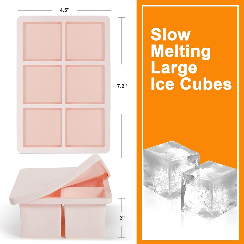 Nax Caki Pink Large Ice Cube Tray with Lid Pack of 2, Stackable Big Silicone Square Ice Cube Mold for Whiskey Cocktails Bourbon Soups Frozen Treats, BPA Free