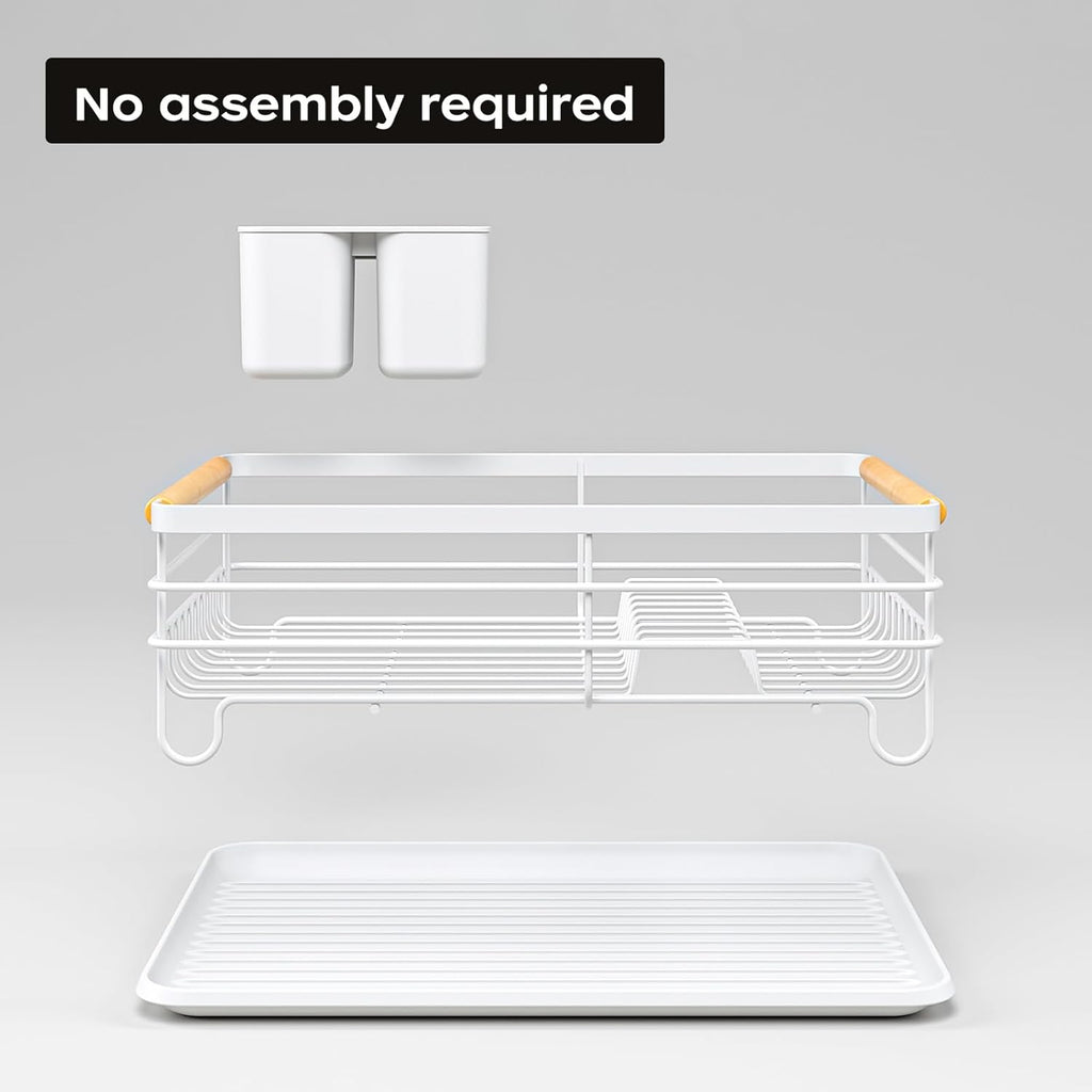 Dish Racks for Kitchen Counter: Wooden Handles, Thickened Metal, No Assembly. Small Dish Drying Rack: Ideal for Small Households. Drying Rack Kitchen: White