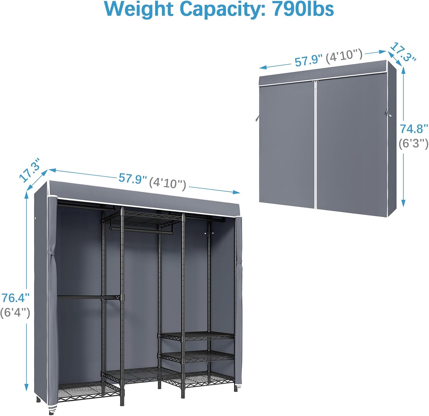 VIPEK V5C Covered Clothes Rack Heavy Duty Portable Closet Wardrobe, Freestanding Black Metal Clothing Rack with Grey Oxford Fabric Cover, Adjustable Custom Closet Rack, 57.9" Lx17.3 Wx76.4 H (Medium)