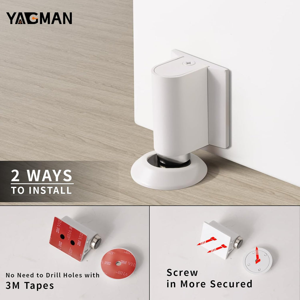 2 Pack Magnetic Door Stoppers Retractable Bottom of Door Holder No Drilling Mount Floor Door Stop with Screws and Adhesive Catch Door Keep Door Open White WT-2