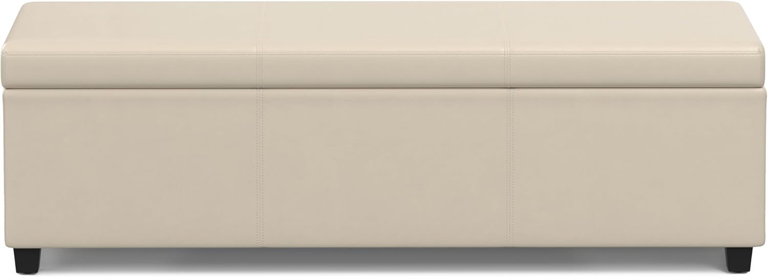 SIMPLIHOME Avalon 54 inch Wide Contemporary Rectangle Extra Large Storage Ottoman Bench in Satin Cream PU Faux Leather, Assembled, for The Living Room, Entryway and Family Room