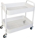 2 Tier Metal Rolling Cart with Wheels for Under Desk Storage & Pantry Storage, High Load-Bearing Kitchen Utility Cart for Small Space, Laundry Room Organization Side Table with 4 Hooks, White