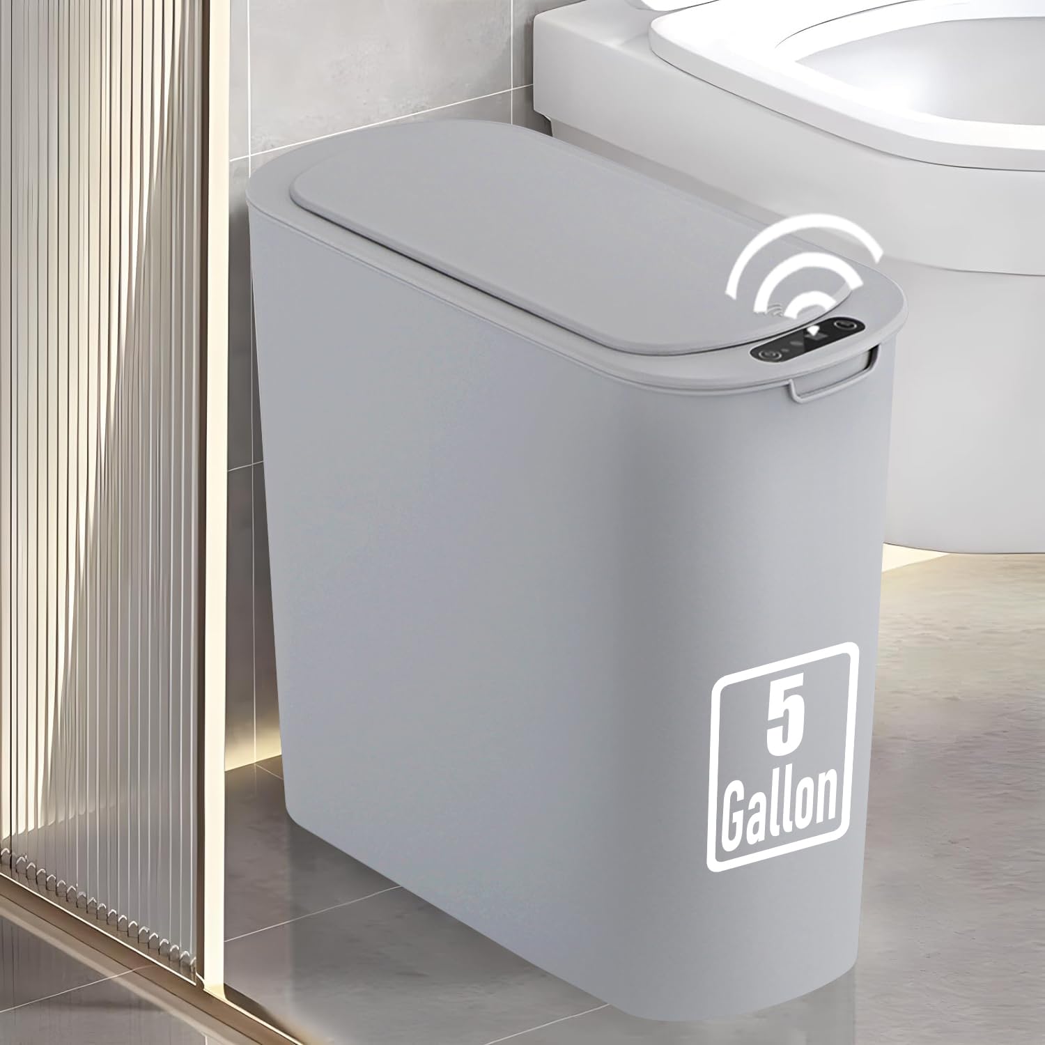 5 Gallon Motion Senor Bathroom Trash Can with Lid, Automatic Garbage Can Touchless, Smart Plastic Waste Basket for Narrow Spaces, Bathroom, Office, Bedroom, Living Room (Gray)