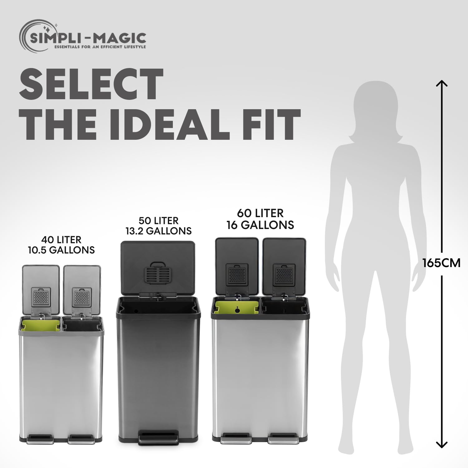 SIMPLI-MAGIC 13.2 Gallon (50L) Step Trash Can – Kitchen Garbage Can with Slow-Close Lid – Odor Control, Hands-Free, Easy to Clean, Brushed Stainless Steel