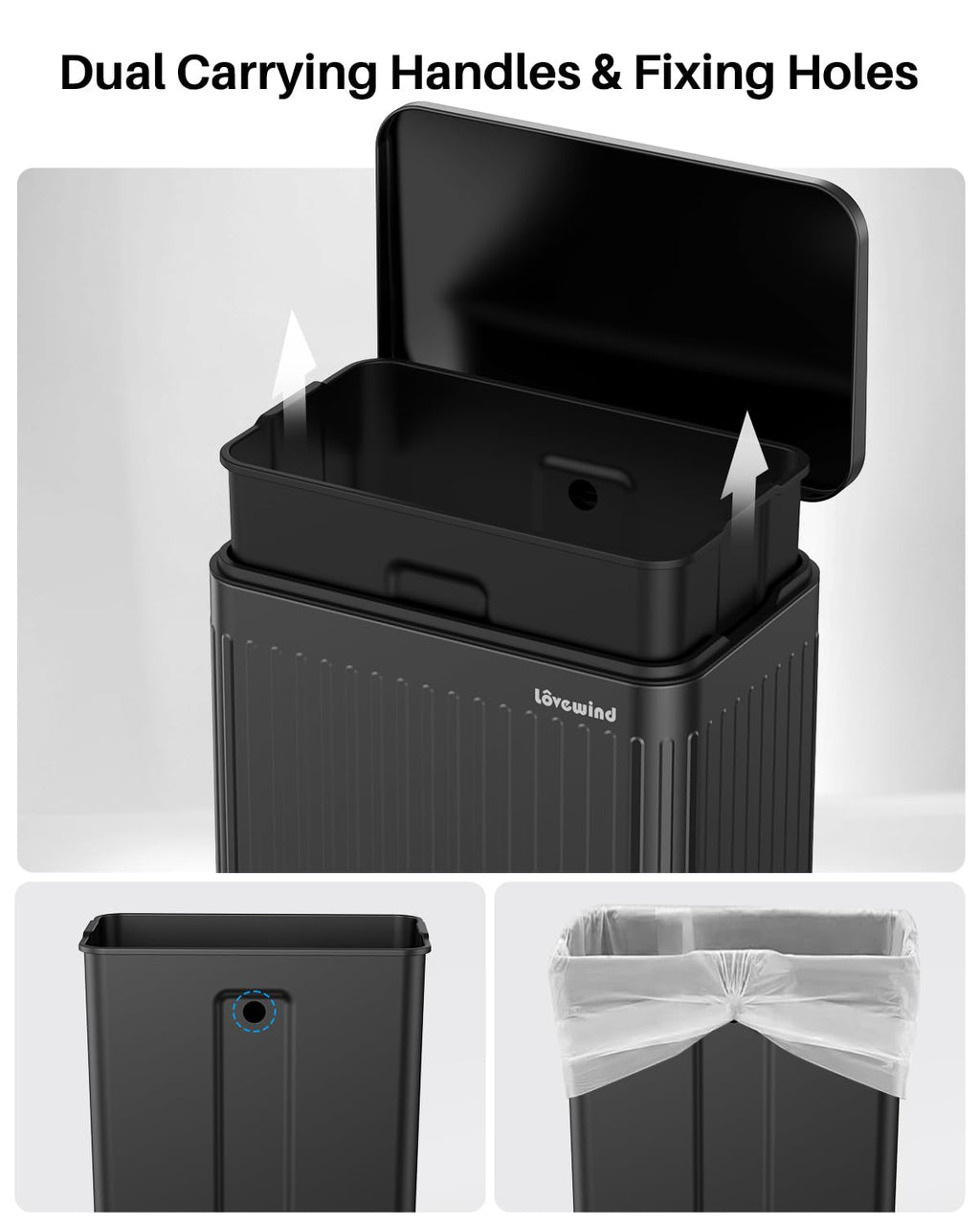 Lovewind 60 Liter/ 16 Gallon Stainless Steel Trash Can with Soft-Close Lid, Large Footstep Garbage Can with Roman Texture, Removable Inner Buckets, Recycling Bin for Kitchen Office, Black