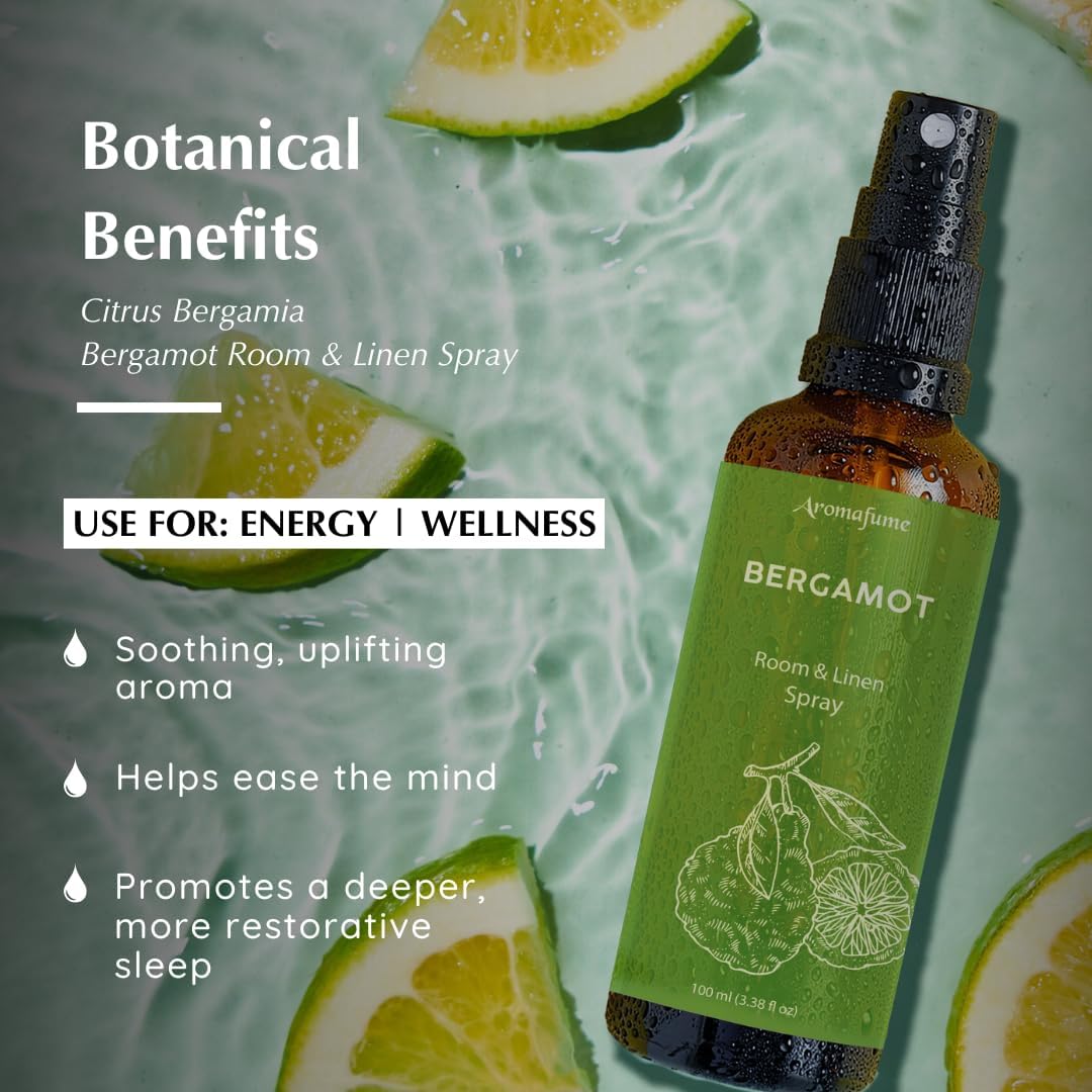 Bergamot Room, Linen & Pillow Spray by Aromafume | 100ml/3.38 fl oz | with Pure Bergamot Essential Oil | Aromatherapy Spray for Relaxation, Sleep & Stress Relief | Mist for Bedding, Fabric