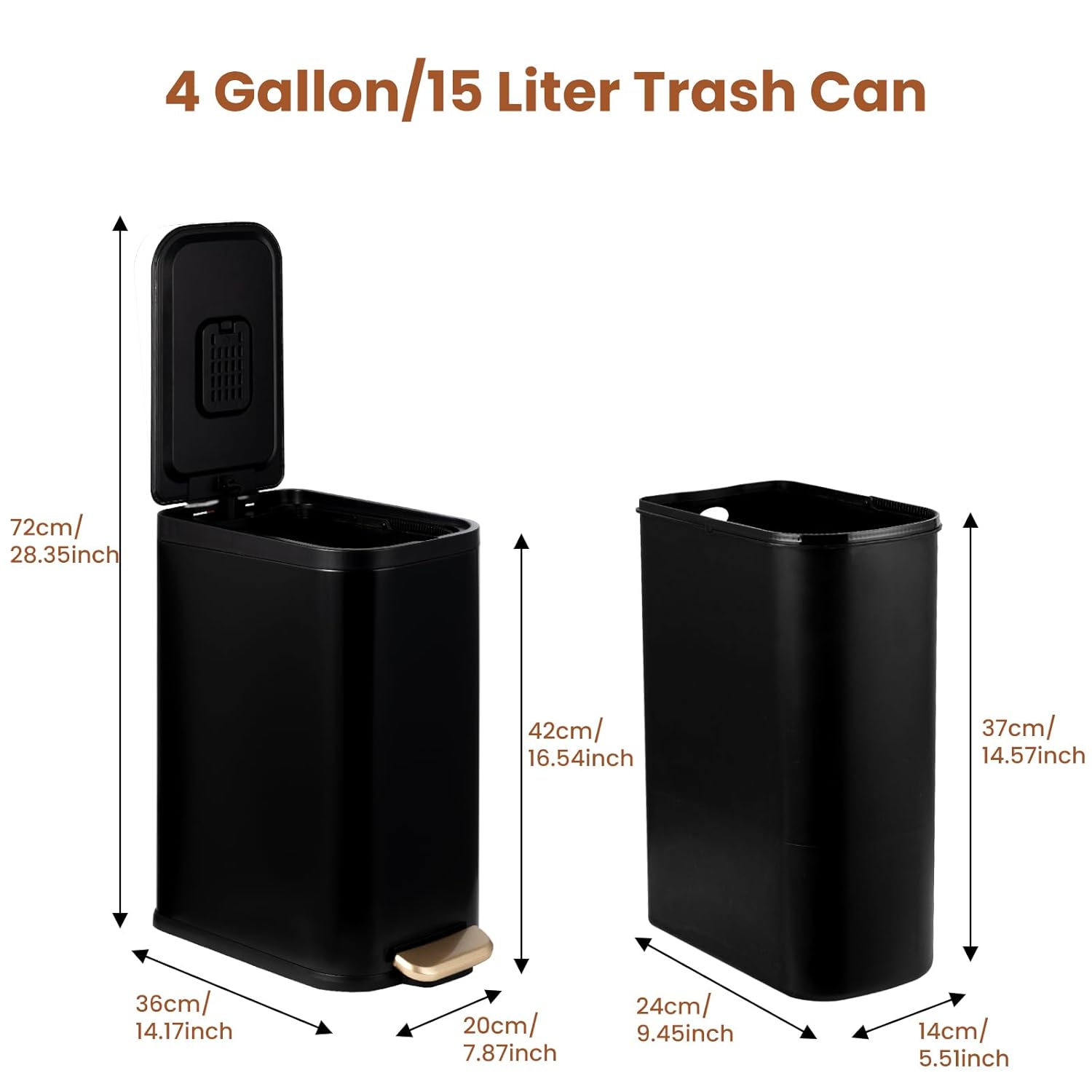 BETHEBEST Bathroom Trash Can with Lid Soft Close,Stainless Steel Step Trash Can with Removable Inner Wastebasket,Black Garbage Can for Bathroom,Bedroom,Kitchen(15 Liter/4 Gallon)