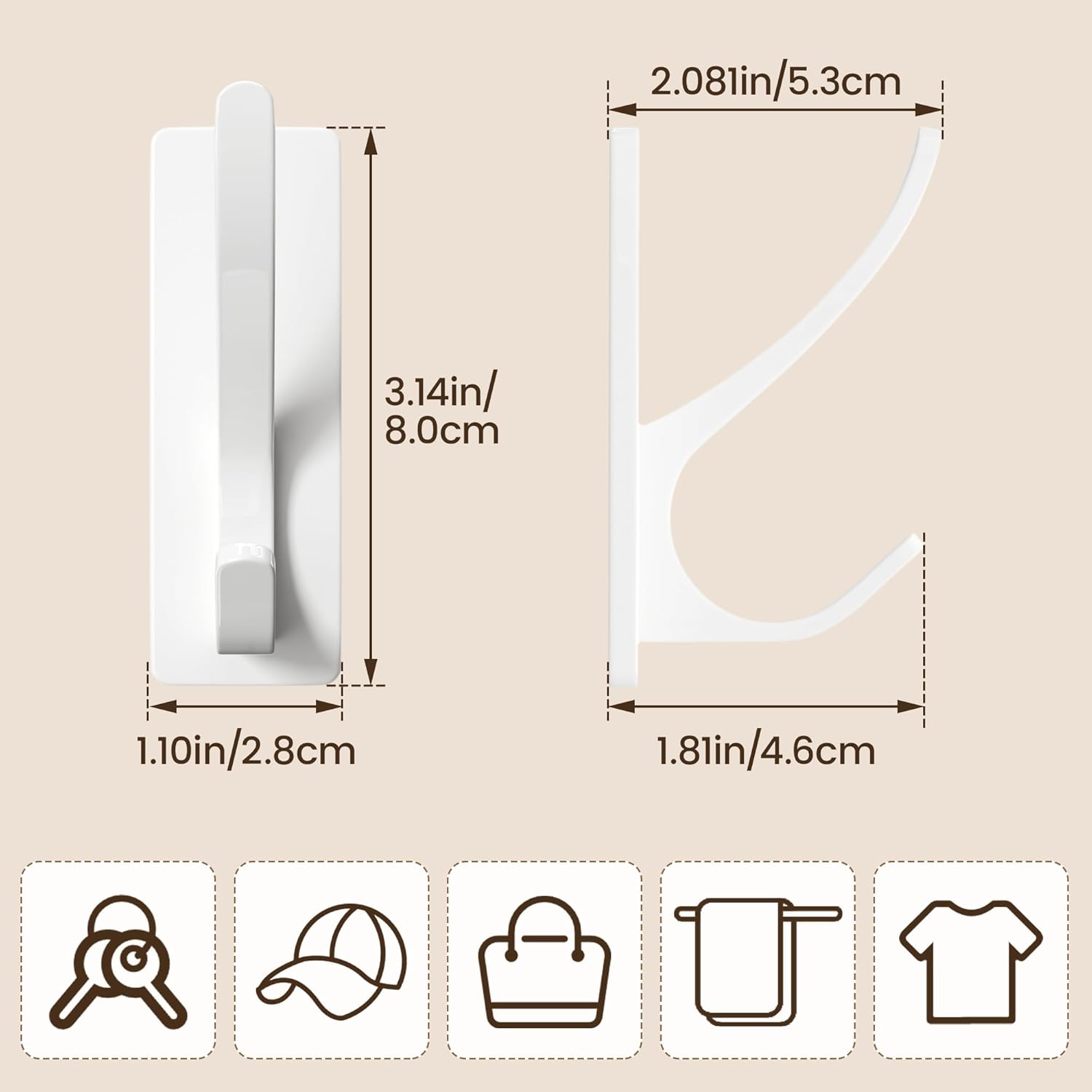 Self Adhesive Coat Hooks for Hanging, Heavy Duty Stainless Double Wall Hook for Towel, Backpack, Hat, Sturdy Metal Hanger for Bathroom, Bedroom, Door, Wall Mounted, 6 Pack, White