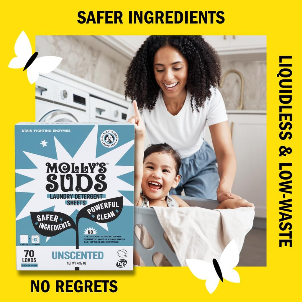 Molly’s Suds Laundry Detergent Sheets | Gentle on Sensitive Skin, Powerful Bio-Based Enzymes, Stain-Fighting | Liquidless & Plastic-Free Packaging | 120 Loads (Unscented)