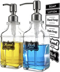JASAI 2Pack Antique Design Glass Soap Dispenser with Rust Proof 304 Stainless Steel Pump, Refillable Hand Soap Dispenser with 10Pcs Stickers, Premium Soap Dispensers for Kitchen & Bathroom (Clear)