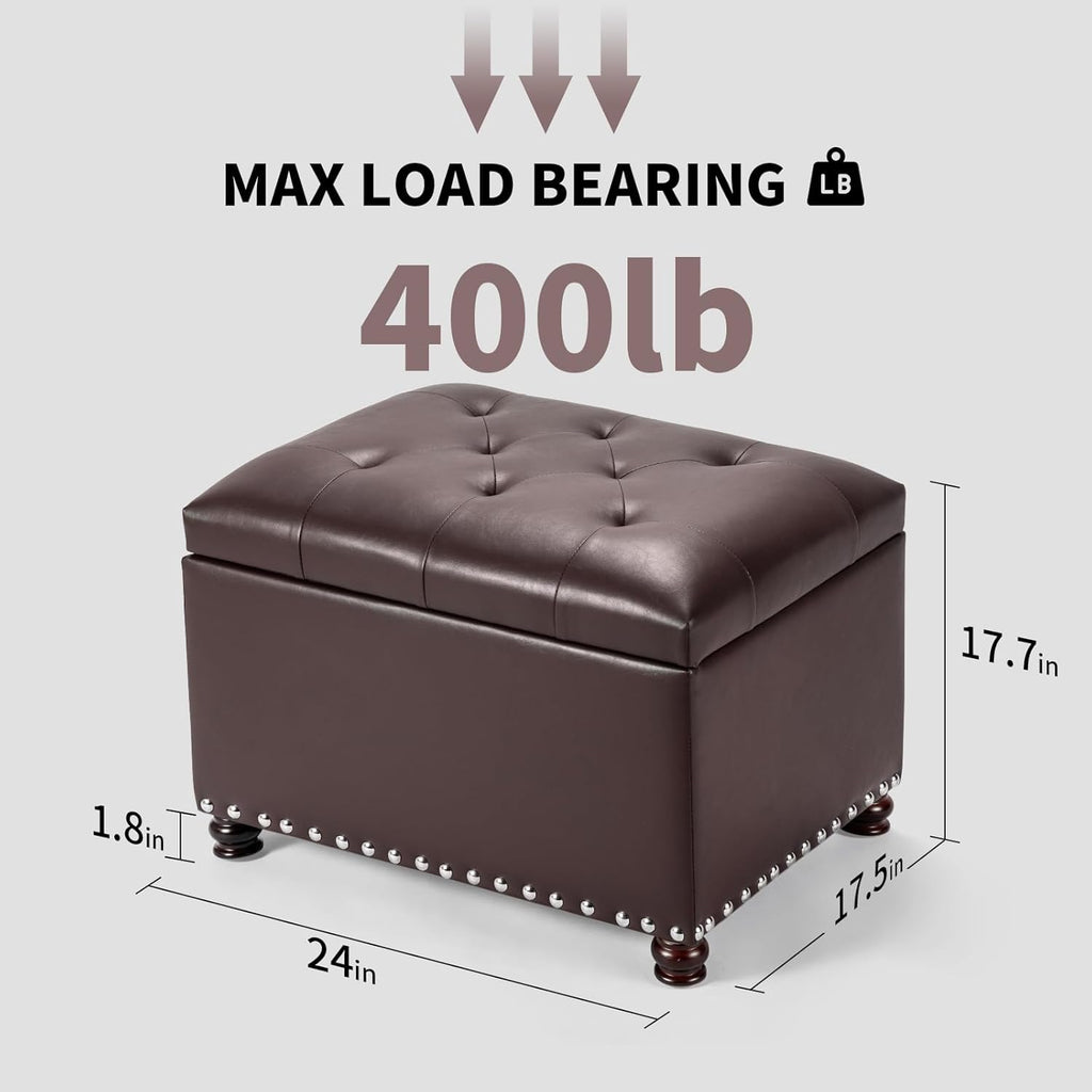 Joveco Faux Leather Storage Ottoman Bench Rectangle 24 Inch Foot Rest Ottomans (Brown)